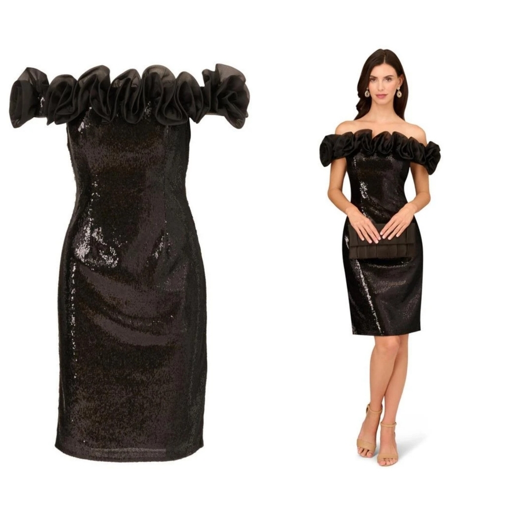 Aidan Mattox Black Sequin Off-Shoulder Mini Cocktail Dress Black NWOT 10 - Picture 8 of 8